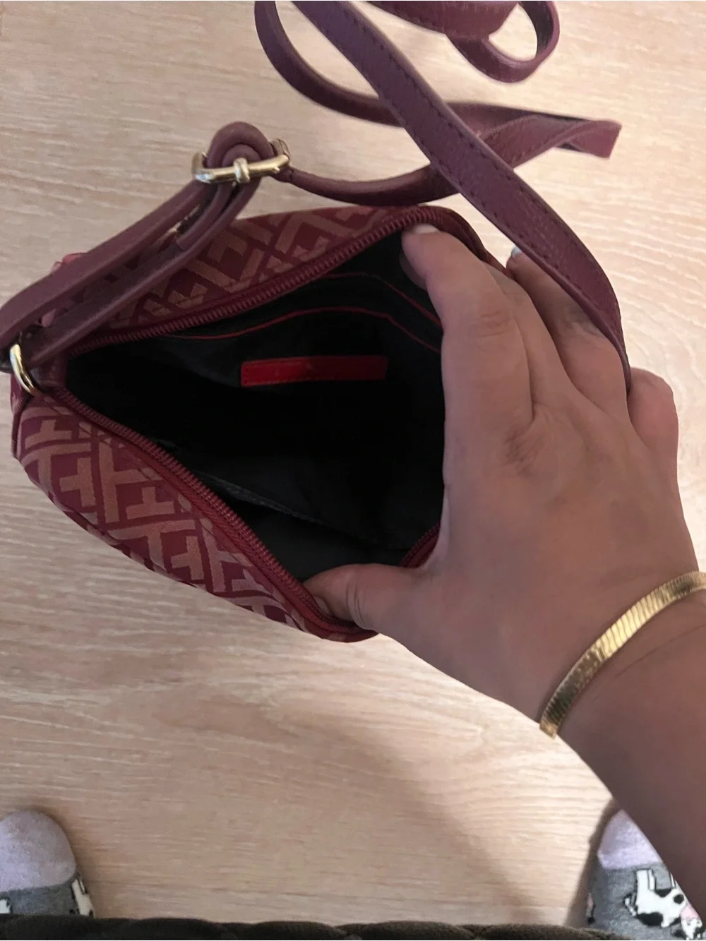 Tommy Hilfiger Burgundy Monogram Camera bag with Gold Plate